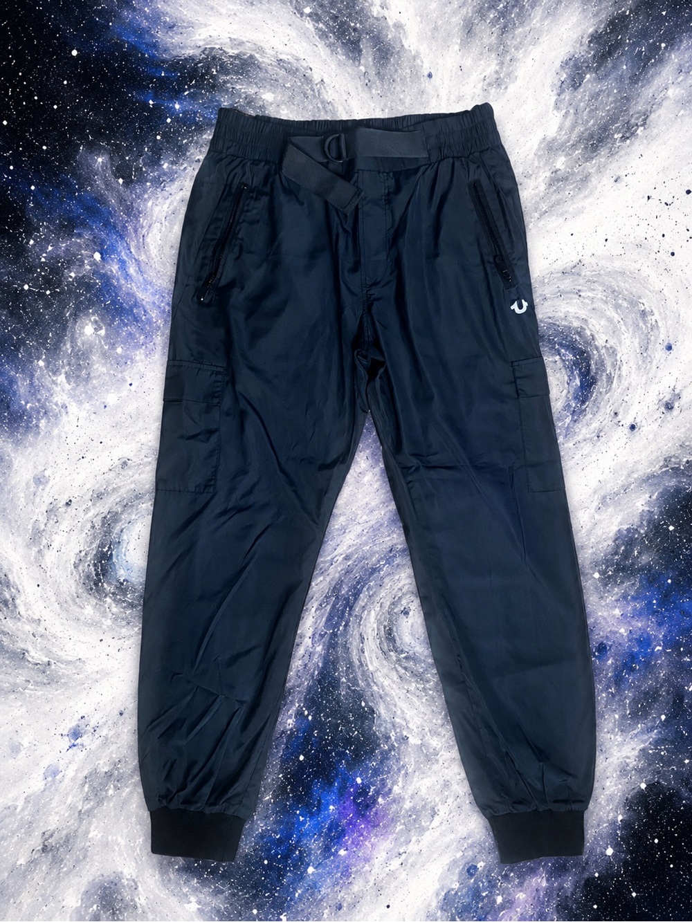 True Religion Men’s Tech Cargo Joggers Medium Black Utility Nylon Zip Pocket